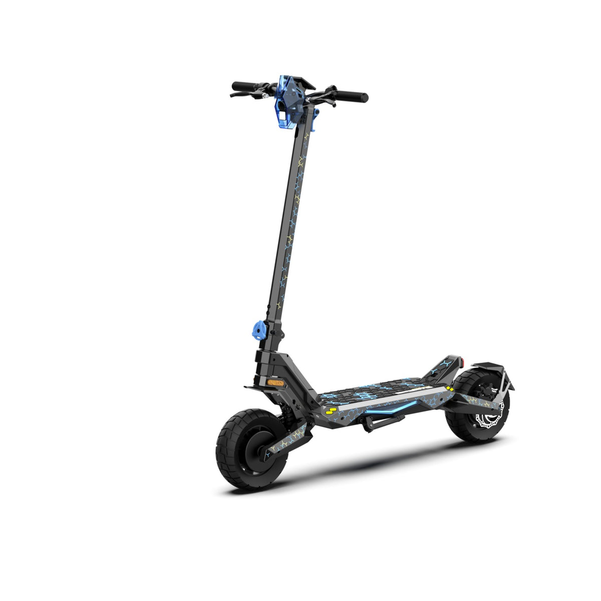 Trottinette électrique Boe G2 bleue, vue de trois quarts sur fond blanc