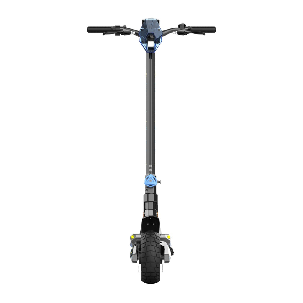 Trottinette électrique Boe G2 bleue, vue de face, guidon et roue avant