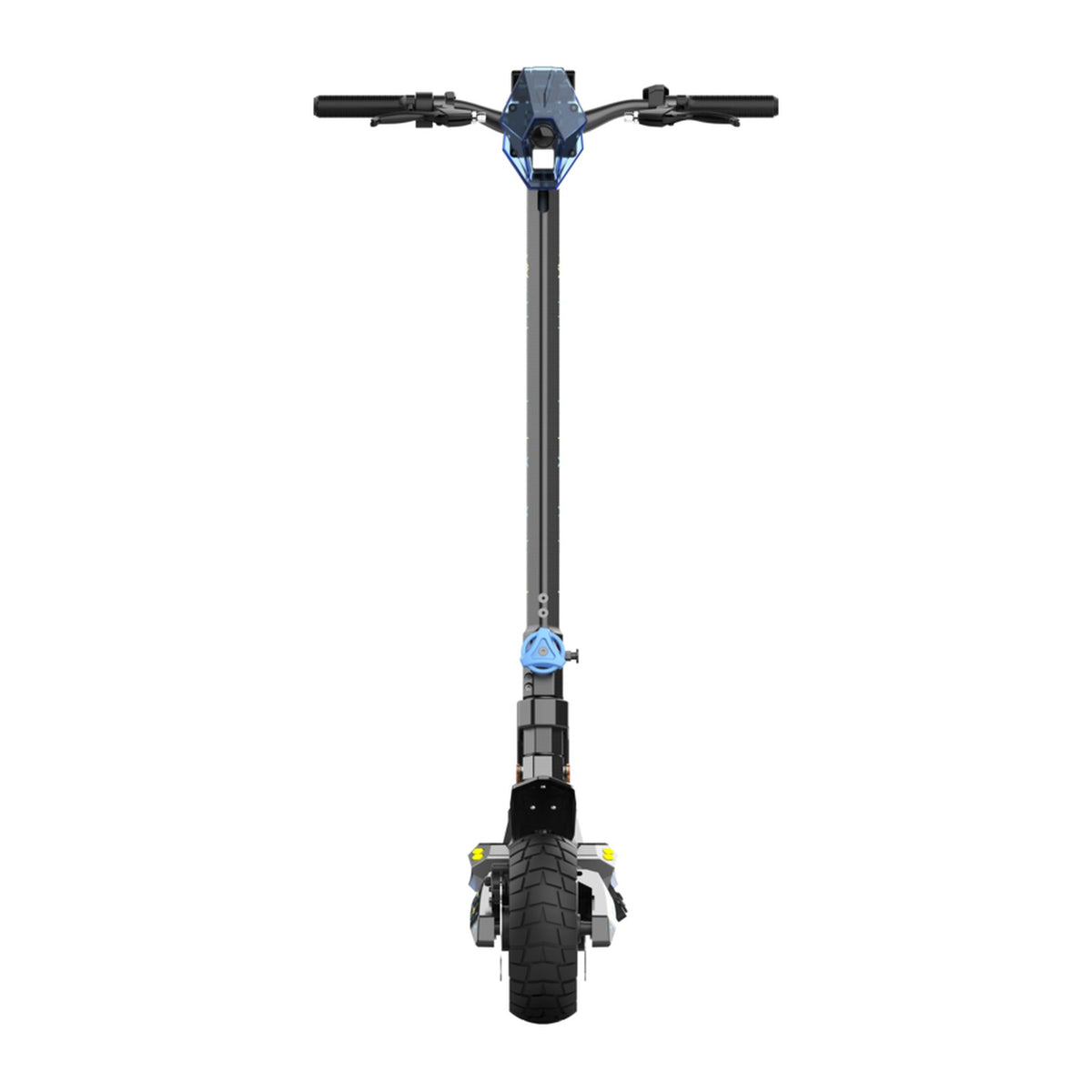 Trottinette électrique Boe G2 bleue, vue de face, guidon et roue avant